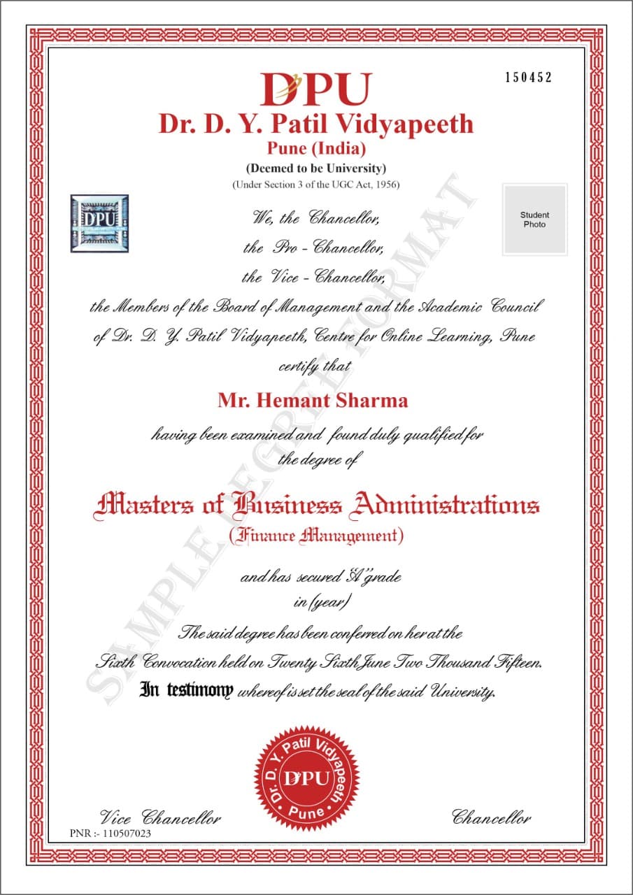 Dr. D. Y. Patil Vidyapeeth Centre for Online Learning Pune Certificate